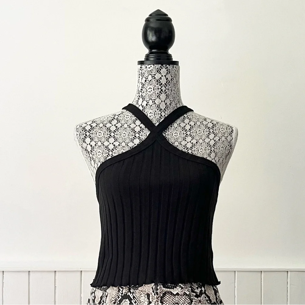 Zara Black Ribbed Halter Neck Crop Top Size M - Picture 2 of 10